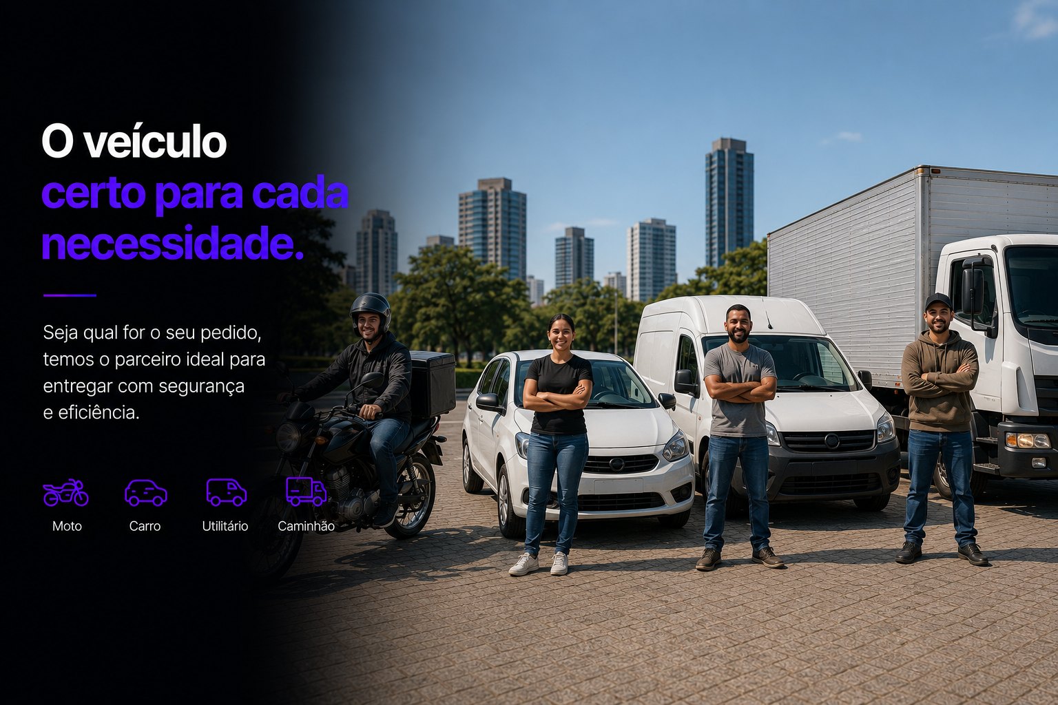 Parceiros da Trazy com moto, carro, utilitário e caminhão